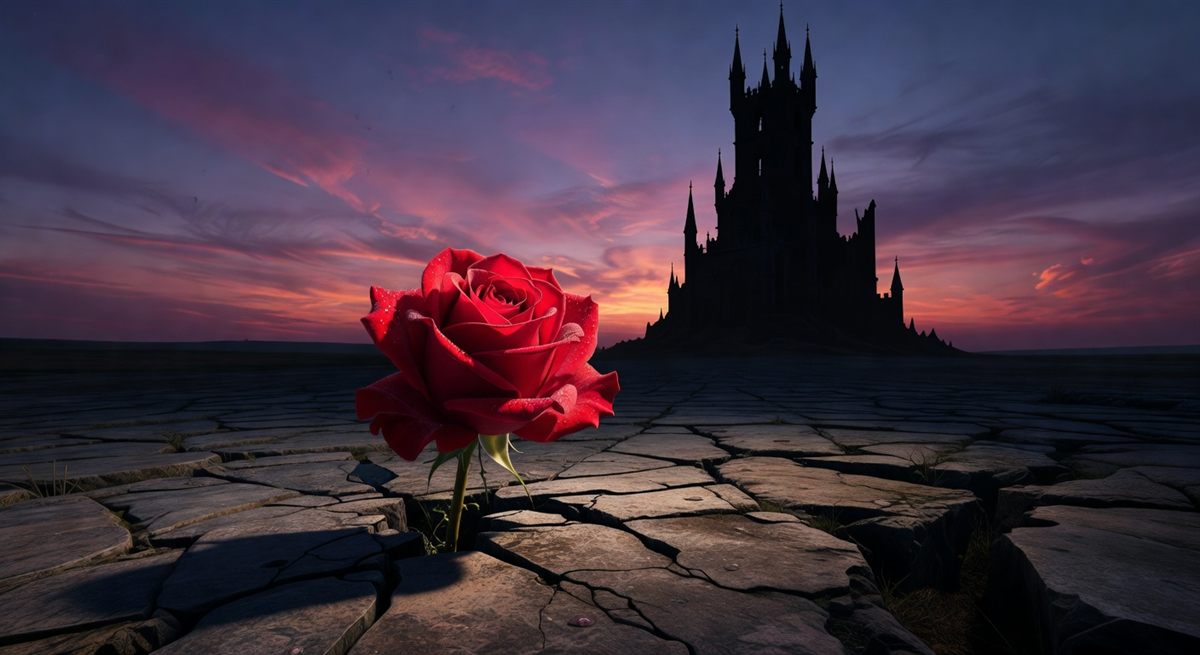 Red rose in cracked stone at twilight